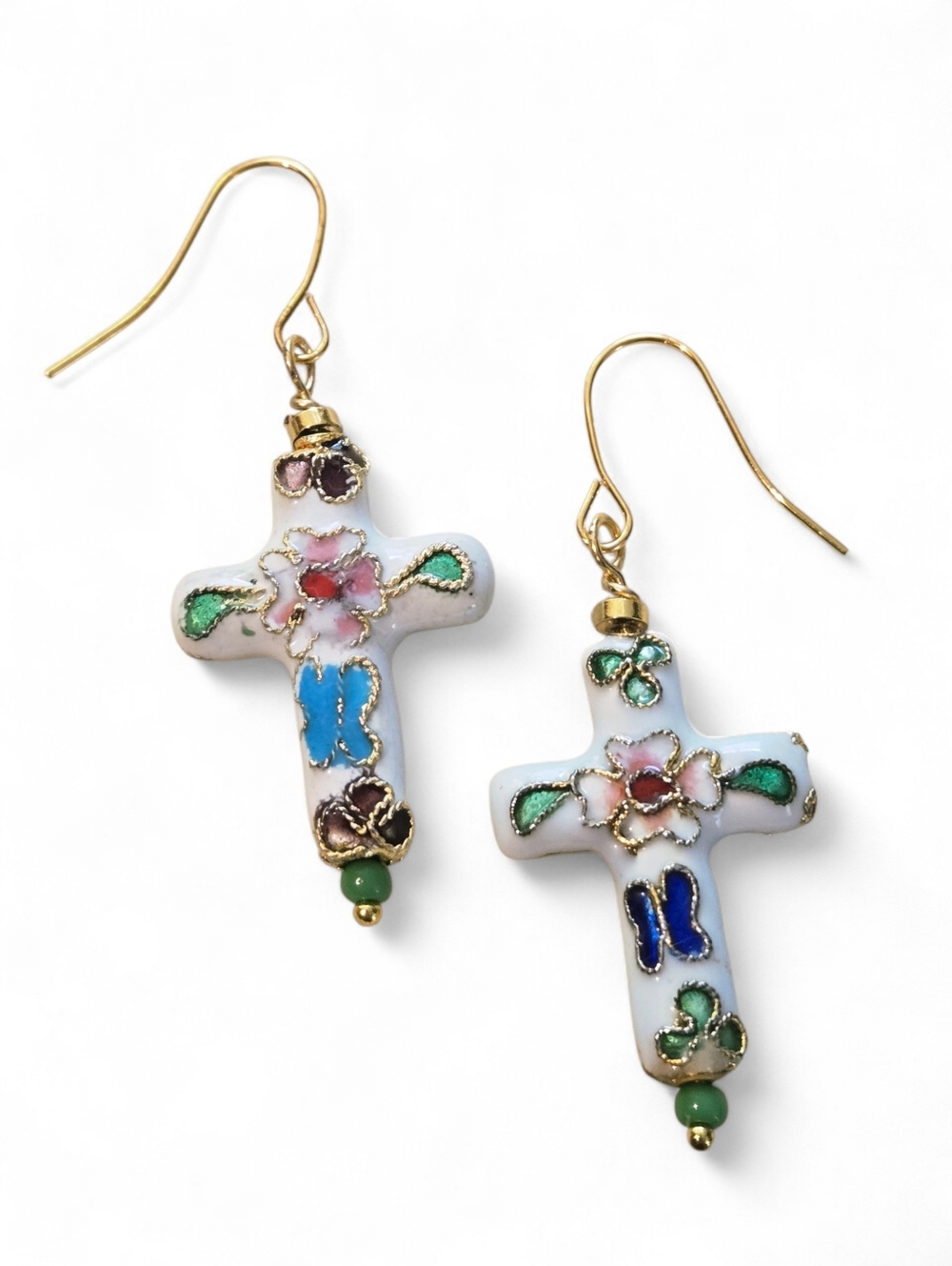 Handmade Cross Earrings Cloisonne Enamel Jewelry White Floral Gold NEW Vtg.